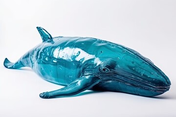 Plastic waste in shape of whale isolated on white. Single use plastics ocean pollution danger concept.