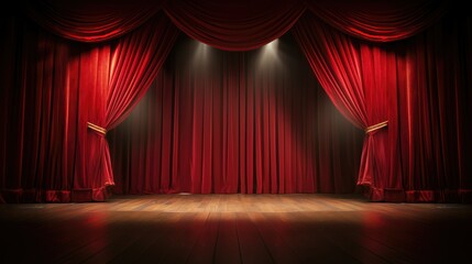 Expansive empty stage, adorned with large red curtains and backdrop, eagerly awaiting performers, setting the scene for an upcoming captivating performance.