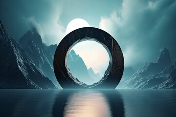 Portal in a stone arch in a mountain cave. Gateway to other worlds, fantasy scene, 3D rendering