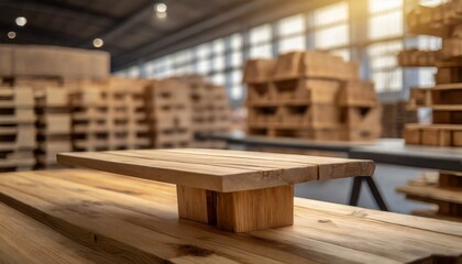 Obraz na płótnie Canvas interior of an warehouse, Montage-ready wooden table, versatile product display setup, uncluttered and inviting, complemented by a softly blurred warehouse environment,