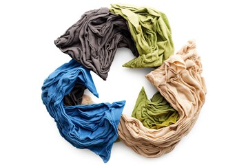 Second hand, circular fashion and recycling concept. Colorful clothes under paper cut recycling symbol.