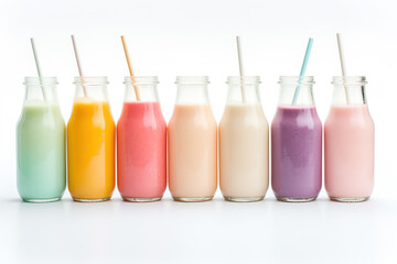 A row of glass milk bottles, each one filled with a different colorful smoothie. Healthy and refreshing. Isolated White Background - Powered by Adobe