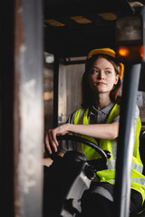 Portrait female professional engineer factory in protective uniform operating machine, Engineering worker in safety hardhat at warehouse industrial facilities, Heavy Industry Manufacturing
