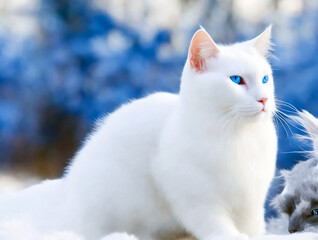 beautiful white kitten of British breed with blue eyes sits at dusk, in winter, in nature, it is snowing, Winter concept photo