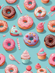 Seamless pattern cute pastel cake doughnut and candy