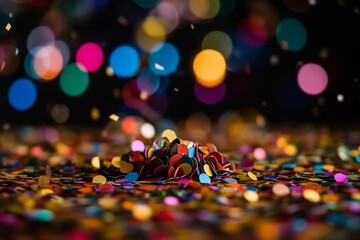 confetti falling on the floor in front of a colorful background with bokeh defocused lights, party and celebration concept, new year, birthday or carnival, cleaning trash after celebrate - obrazy, fototapety, plakaty