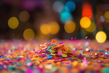 confetti falling on the floor in front of a colorful background with bokeh defocused lights, party and celebration concept, new year, birthday or carnival, cleaning trash after celebrate - obrazy, fototapety, plakaty