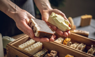 A woman soap maker holds a piece of chocolate soap in her hands. Lots of different sliced pieces. Eco-friendly natural handmade cosmetics