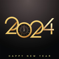 2024 Happy New Year clock countdown background. Greeting festive card. Vector