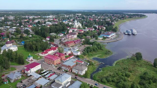 Aerial view of the city of Myshkin and the Volga river. Russia