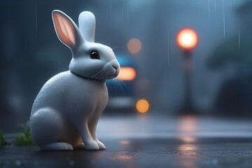 White rabbit in the roadway in the rainy night