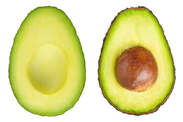 Collection of cut avocados with and without pits on an isolated white background.