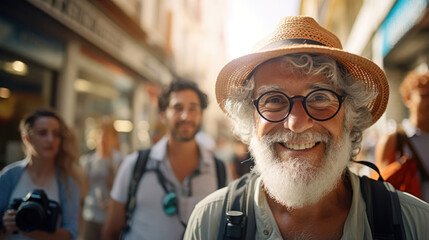 Senior observer capturing candid interactions between locals and travelers - obrazy, fototapety, plakaty