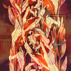 Autumn bouquet: frozen dry leaves endless motif. Digital art and watercolour, ink texture. Seamless pattern for packaging, scrapbooking, textile. Modern art-deco. - 677443220