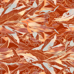 Autumn bouquet: frozen dry leaves endless motif. Digital art and watercolour, ink texture. Seamless pattern for packaging, scrapbooking, textile. Modern art-deco. - 677443428