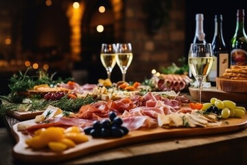 Light snacks in a plate on a buffet table. Assorted mini canapes, delicacies and snacks, restaurant food at event. A gala reception. Decorated delicious table for a party goodies.