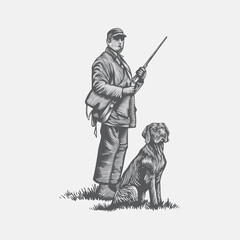 vector hunter and his dog. illustrations with vintage style engraving techniques
