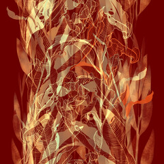 Autumn bouquet: frozen dry leaves endless motif. Digital art and watercolour, ink texture. Seamless pattern for packaging, scrapbooking, textile. Modern art-deco. - 677443644