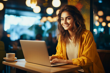 woman with a beautiful smile in a yellow jacket holding a laptop in a cafe - obrazy, fototapety, plakaty