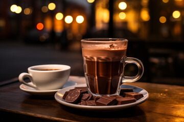 Fototapeta premium cup of hot chocolate on a table in a cafe, blurred background, bokeh