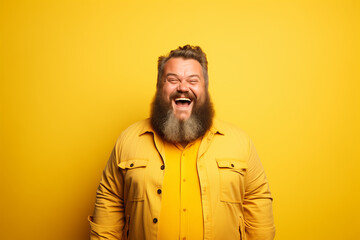 Obraz premium Fat bearded man in yellow clothes smiling on yellow background