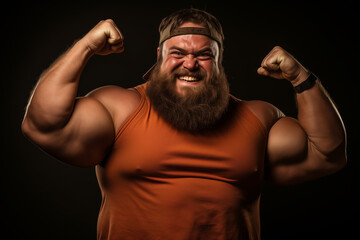 fat bearded man showing biceps