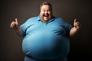 Happy fat man in a blue T-shirt showing thumb up