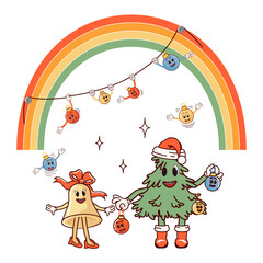 Christmas tree with golden bell. Retro character in cartoon fashion groovy style. Atmosphere of the 60's and 70's. Merry Christmas and Happy New Year.