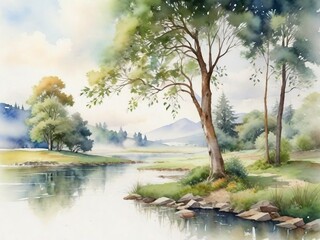Misty Forest Lake in Serene Natural Watercolor
