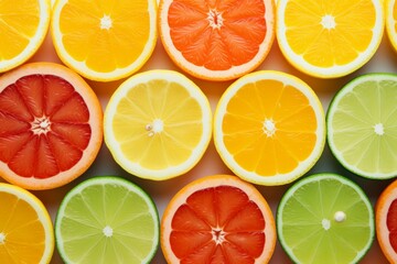 Top view of citrus fruit slices arranged on a background with two different tones