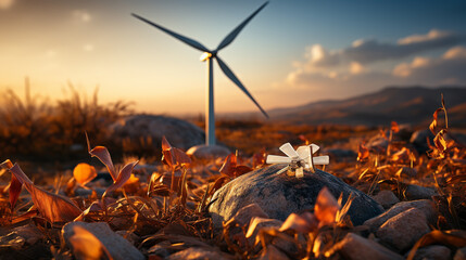 wind turbine at sunset HD 8K wallpaper Stock Photographic Image  - obrazy, fototapety, plakaty