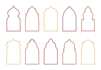 Set of arab islamic frames. Oriental arabesque windows or doors arch for arabic decoration. Ramadan kareem silhouette shapes. Arabian or indian ornament template, muslim geometric banner