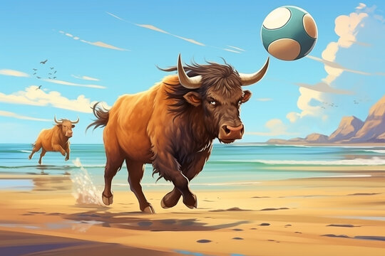 illustration of a Buffalo  playing ball on the beach