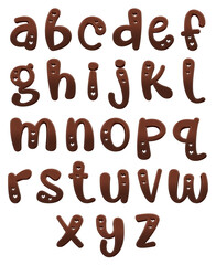 Chocolate candy 3D alphabet letters, isolated on transparent background, lowercase. This is a part of a set which also includes numbers, symbols, and shapes.