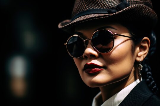 a woman wearing a hat and sunglasses