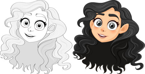 Beautiful Woman with Long Black Hair: Vector Doodle Outline