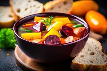 a bowl of soup with vegetables and bread