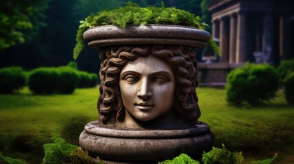 a statue of a woman's face with plants growing on top of it