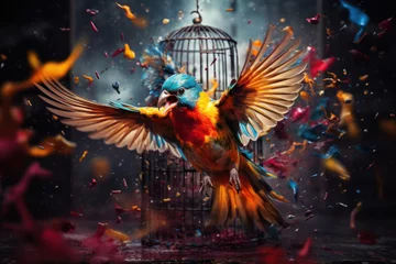 Fotobehang Birds flying out of cage background. Freedom concept. © tonktiti