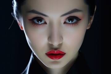 a woman with red lipstick and black makeup