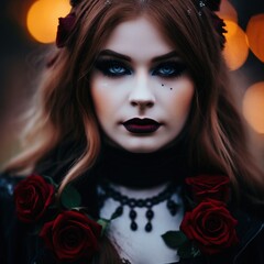 a woman with red hair and black makeup