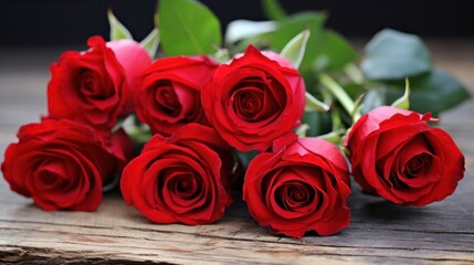 a group of red roses on a wood surface