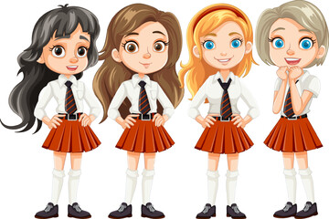 Beautiful Teen Students in School Uniform Cartoon