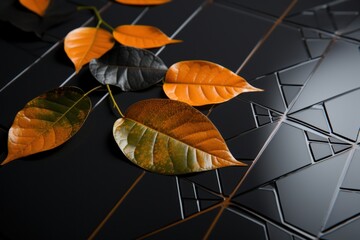 a group of leaves on a black surface