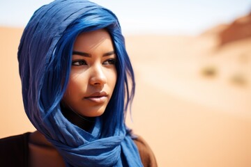 a woman with blue hair and a scarf on her head