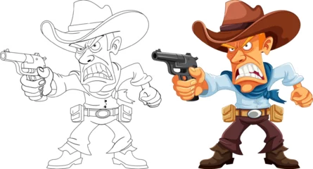 Crédence de cuisine en verre imprimé Enfants Angry Cowboy Holding Gun Cartoon Character with Doodle Outline