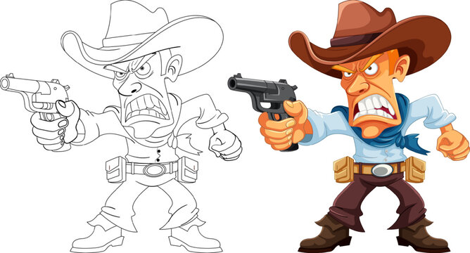Angry Cowboy Holding Gun Cartoon Character with Doodle Outline