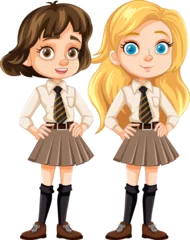 Crédence de cuisine en verre imprimé Enfants Two Cute Female Friends in School Uniform Cartoon