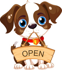 Fototapeta premium Cheerful Dog Holding Wooden Open Sign