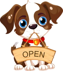 Crédence de cuisine en verre imprimé Enfants Cheerful Dog Holding Wooden Open Sign